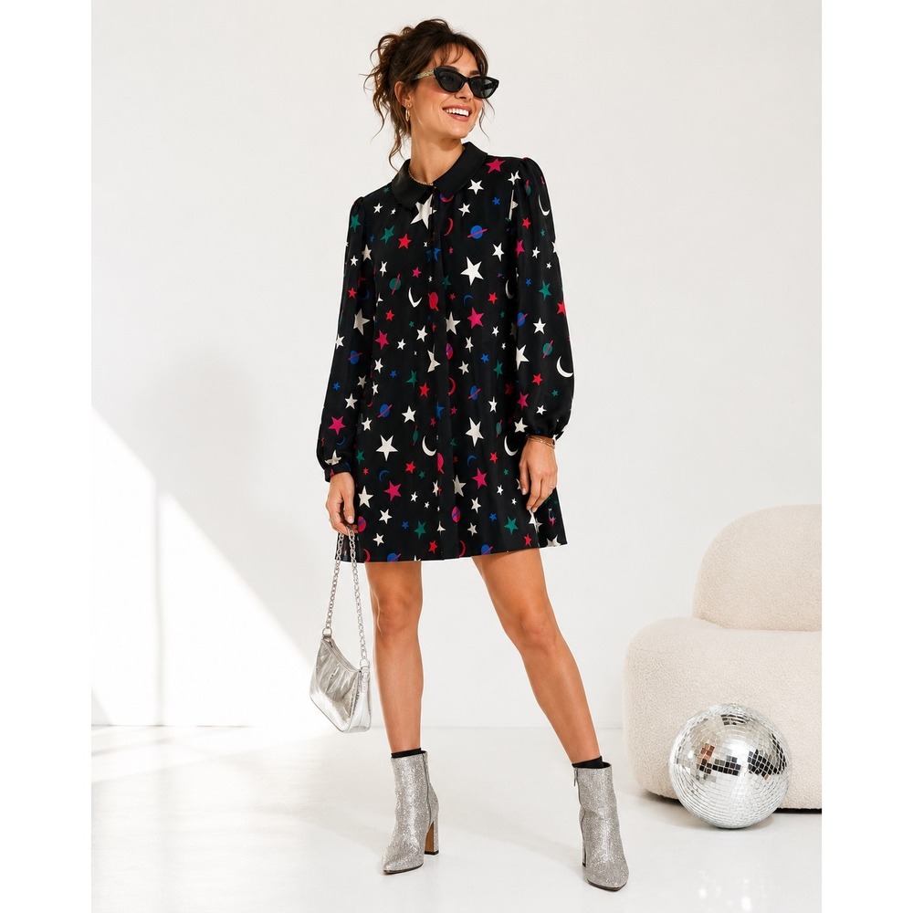 ModCloth Celestial Star Moon Planet Print Peter Pan Collar Mini Dress Sz M NWT